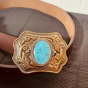 Brown Belt with Turquoise and Gold Buckle size Large